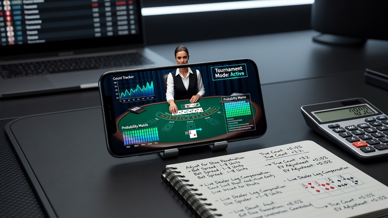 Mobile Turnieroberfläche mit Karten zählen Indikatoren und Live-Dealer-Stream