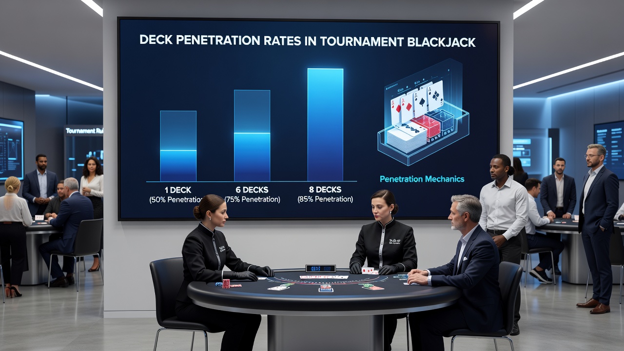 Darstellung von Turnier-Blackjack-Tischen mit Fokus auf Deck-Penetration und Spielerverhalten