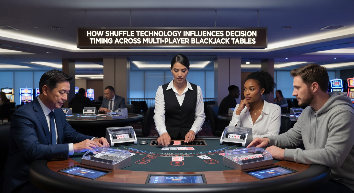Spieler an einem Multiplayer-Blackjack-Tisch mit sichtbarer Shuffle-Technologie und digitaler Anzeige