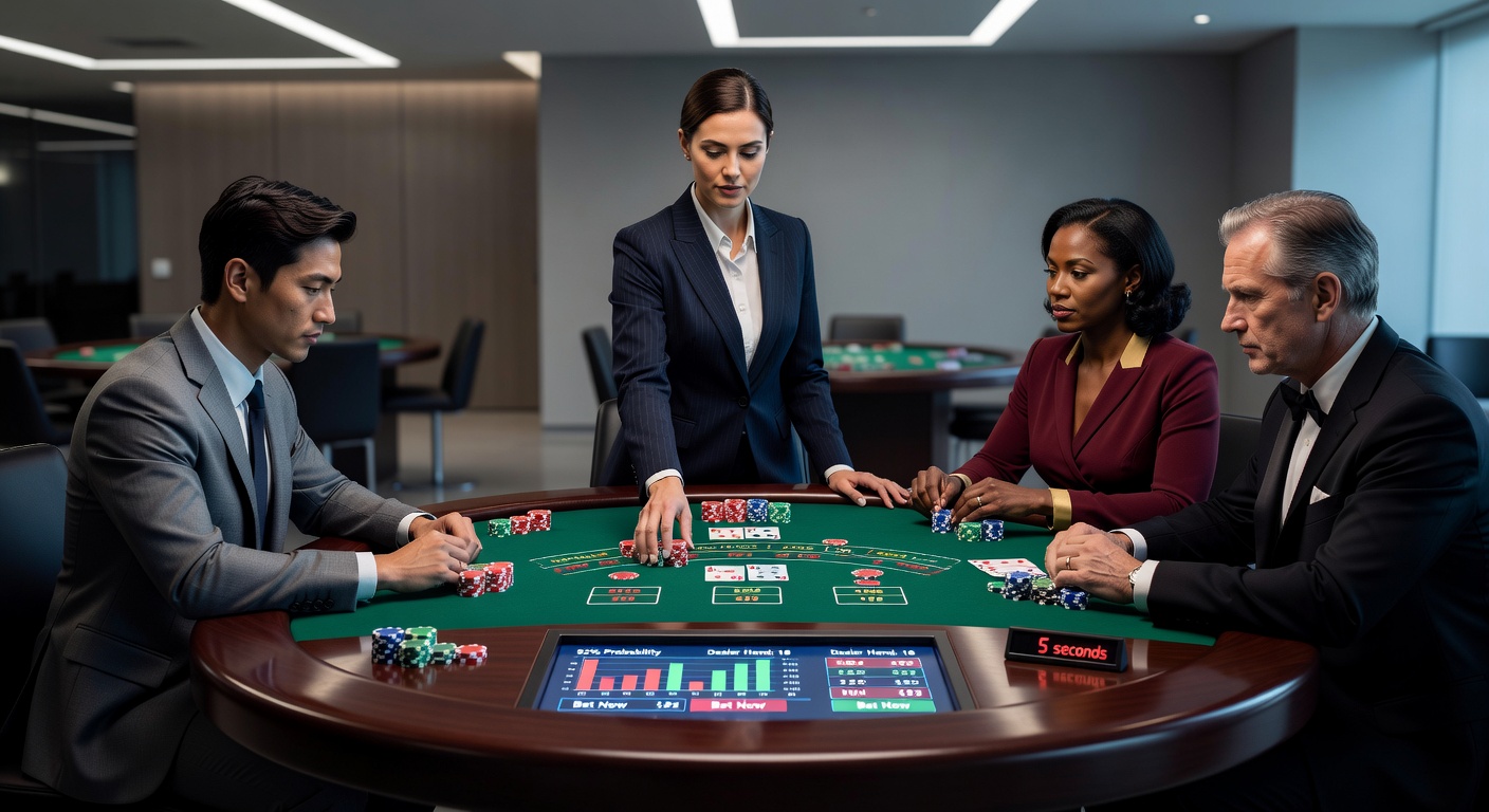 Nahaufnahme eines interaktiven Tisches mit Fokus auf visuelle Cues wie Kartenflips und Dealer-Ausdrücke