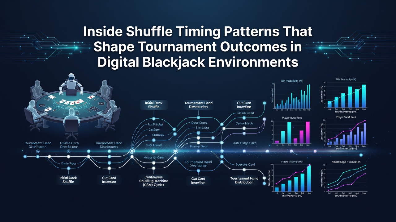 Digitale Blackjack-Umgebung mit Fokus auf Shuffle-Timing-Mustern während eines Turniers