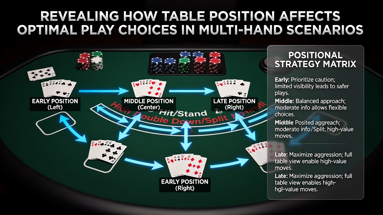 Detailansicht eines Blackjack-Tisches mit Fokus auf Positionen und Karten in einer Multi-Hand-Partie