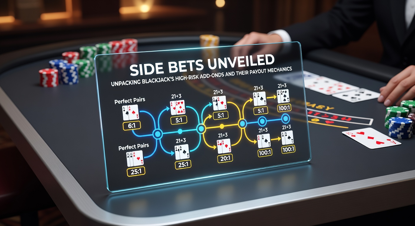 Detaillierte Grafik zu Payout-Tabellen verschiedener Side Bets im Blackjack, mit Multiplikatoren und Wahrscheinlichkeiten