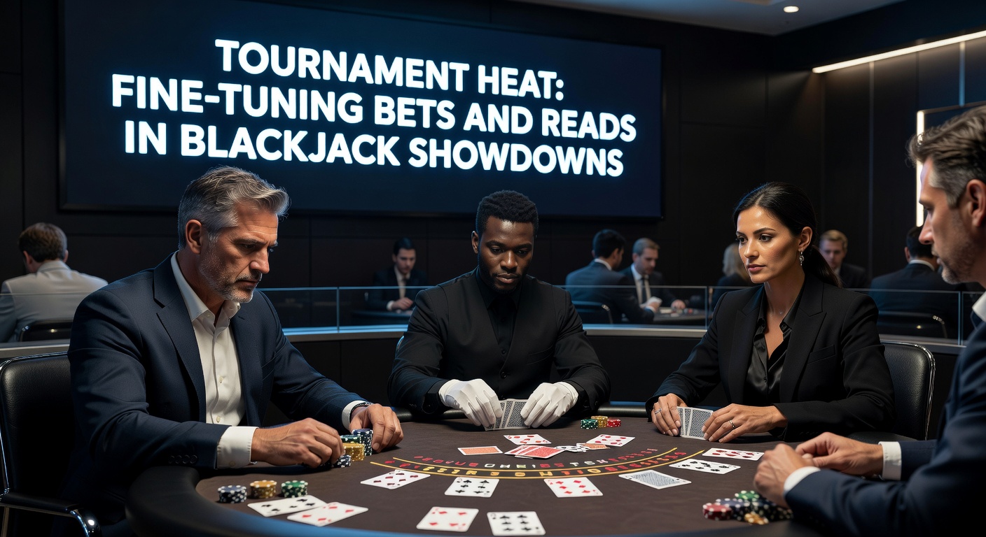 Spieler am Blackjack-Turniertisch, intensiv fokussiert auf Karten und Chips während eines Showdowns
