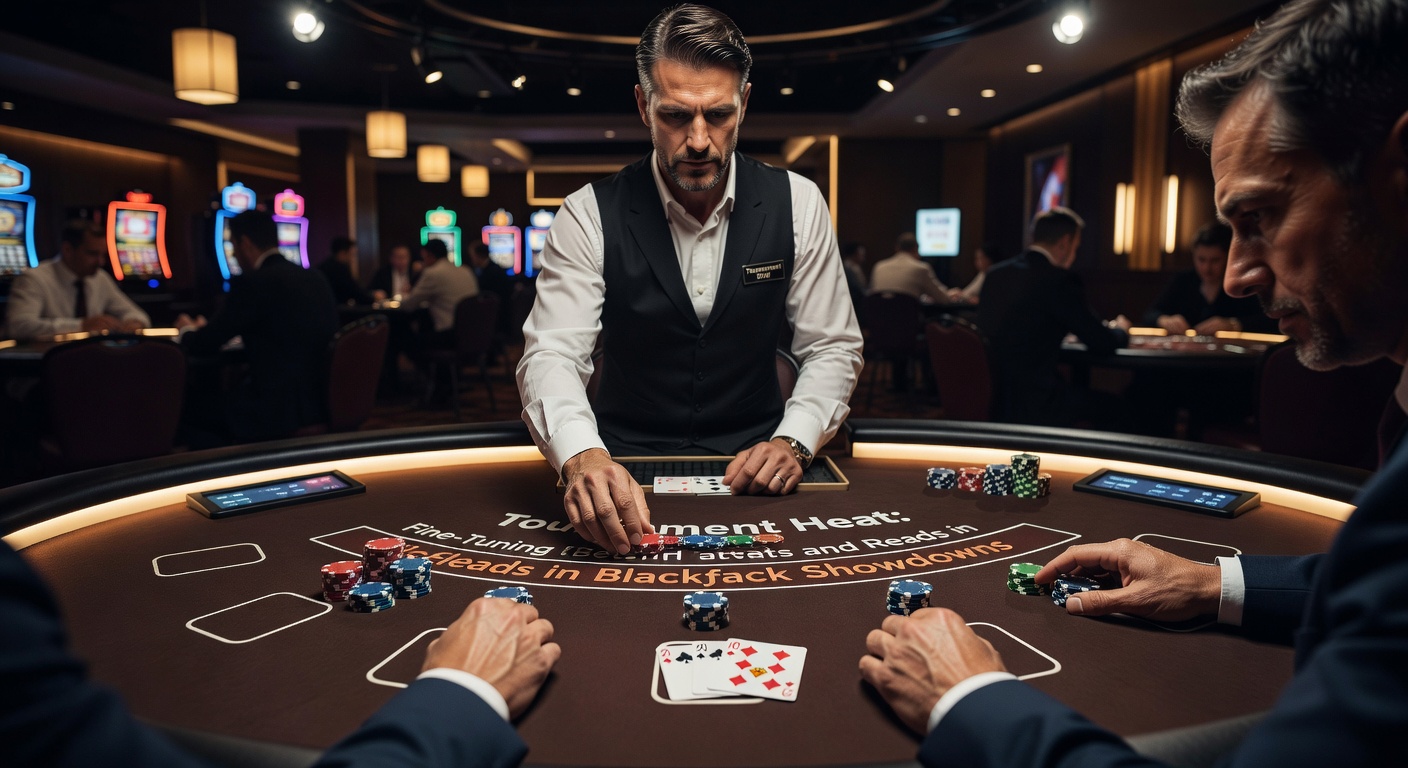 Nahaufnahme eines intensiven Blackjack-Turnier-Moments mit Chips, Karten und angespannten Spielern um den Tisch